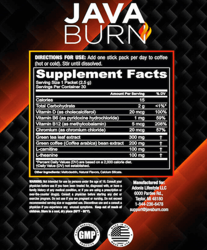 Java Burn Ingredients Nutritional Information